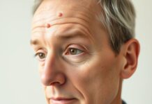 A shingles rash around eye: when to seek urgent care Illustration of a shingles rash around eye, with one-sided blisters on the forehead and upper eyelid