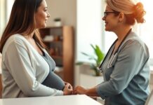 A Vaginal Bulge After Birth: When to Get It Checked Clinician discussing prolapse after birth assessment with a postpartum patient