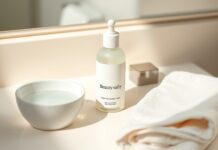 At-Home Chemical Peels: How to Avoid Burns and Skin Damage Chemical peel aftercare essentials: an unlabelled skincare bottle, clean water, and a soft cloth on a neutral counter