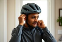 Bike Helmet Fit: How to Check It and When to Replace It A cyclist checking bike helmet replacement condition and adjusting a helmet’s chin strap for a secure fit