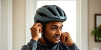 Bike Helmet Fit: How to Check It and When to Replace It A cyclist checking bike helmet replacement condition and adjusting a helmet’s chin strap for a secure fit