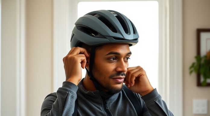 Bike Helmet Fit: How to Check It and When to Replace It A cyclist checking bike helmet replacement condition and adjusting a helmet’s chin strap for a secure fit