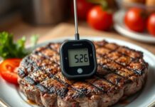 Burger Internal Temp: Why Burgers Need More Than Steak Burger internal temp checked with a thermometer inserted into the centre of a grilled beef patty