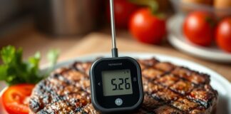 Burger Internal Temp: Why Burgers Need More Than Steak Burger internal temp checked with a thermometer inserted into the centre of a grilled beef patty