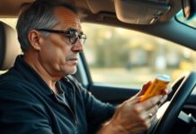 Can Allergy Medicine Affect Your Driving? Know the Risks Driver checks a medicine packet before driving, illustrating diphenhydramine sedation and road safety.