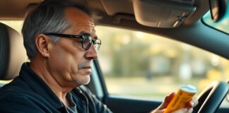 Can Allergy Medicine Affect Your Driving? Know the Risks Driver checks a medicine packet before driving, illustrating diphenhydramine sedation and road safety.