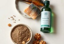 Can Plant Omega-3s Replace Fish? What You Need to Know Flaxseed, chia and walnuts beside oily fish and algae oil, illustrating flaxseed omega 3 and the difference between ALA, EPA and DHA.