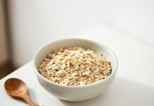 Can You Eat Oats Safely With Coeliac Disease? Bowl of certified gluten free oats with a wooden spoon and oat stalks
