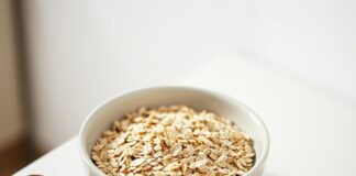Can You Eat Oats Safely With Coeliac Disease? Bowl of certified gluten free oats with a wooden spoon and oat stalks