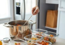 Can You Reheat Leftovers More Than Once Safely? A person portioning leftovers into containers to show can you reheat food twice safely