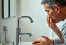 Chemical in Your Eye? Start Rinsing Immediately First aid for chemical eye injuries: a person rinses one eye with clean water at a sink.