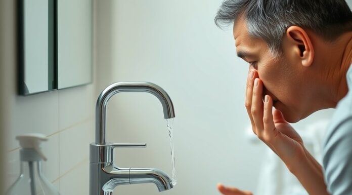 Chemical in Your Eye? Start Rinsing Immediately First aid for chemical eye injuries: a person rinses one eye with clean water at a sink.