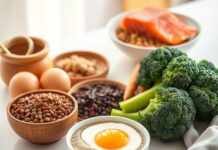 Choline In Pregnancy: What To Eat And What To Check Choline rich foods including eggs, yogurt, lentils, broccoli and salmon arranged on a table