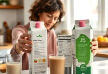 Choosing Plant-Based Drinks for Children: Read the Label A caregiver compares labels on calcium fortified plant milks for a young child.
