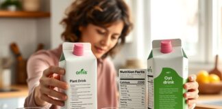 Choosing Plant-Based Drinks for Children: Read the Label A caregiver compares labels on calcium fortified plant milks for a young child.