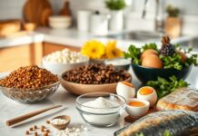 Collagen Counts as Protein, but It Can’t Replace a Varied Diet Collagen powder beside varied protein foods, illustrating is collagen a complete protein