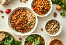 Do You Need to Combine Plant Proteins at Every Meal? A varied meal featuring plant based protein sources including lentils, tofu, grains, nuts and seeds