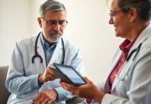 Do You Need to Fast Before a Cholesterol Test? Clinician reviewing a fasting lipid profile result with an adult patient