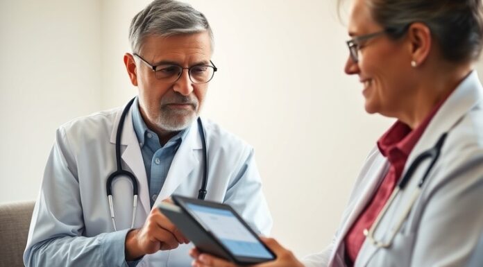 Do You Need to Fast Before a Cholesterol Test? Clinician reviewing a fasting lipid profile result with an adult patient