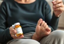 During a flare: gout and allopurinol—should you stop? gout and allopurinol: person reviewing prescribed medicine beside a supported, painful toe