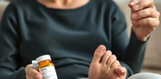 During a flare: gout and allopurinol—should you stop? gout and allopurinol: person reviewing prescribed medicine beside a supported, painful toe