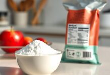 Erythritol and Heart Risk: What the Evidence Actually Shows is erythritol safe: a bowl of erythritol granules beside a sugar-free snack on a kitchen counter