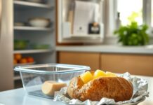 Foil-Wrapped Baked Potatoes: Store Leftovers Safely How to store baked potatoes safely: foil removed from a baked potato beside a refrigerator container.