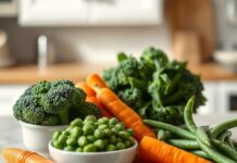 Frozen Vs. Fresh Vegetables: What Happens To Nutrients? Are frozen vegetables healthy? Fresh broccoli and carrots beside frozen peas and green beans