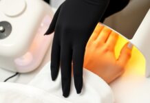 Gel Manicure UV Lamps: What Exposure Means for Your Skin A hand under a gel manicure uv lamp beside a UV-protective fingerless glove