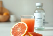 Grapefruit and Medicines: When the Interaction Matters Grapefruit and medications beside grapefruit juice and an unbranded medicine bottle