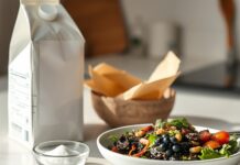 How to Get Enough Iodine on a Vegan Diet Iodised salt, nori and a plant-based drink arranged as possible vegan iodine sources