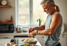 How To Support Muscle During GLP-1 Weight Loss tirzepatide muscle loss: adult preparing a protein-rich meal beside light dumbbells
