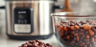 Kidney Bean Toxin: Safe Red Beans in a Slow Cooker Kidney bean toxin safety: dried red kidney beans boiling in a saucepan before slow cooking