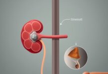 Kidney Stone And Fever? When It’s An Emergency Illustration of infected kidney stone symptoms, showing a ureteral stone blocking urine flow from the kidney