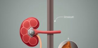 Kidney Stone And Fever? When It’s An Emergency Illustration of infected kidney stone symptoms, showing a ureteral stone blocking urine flow from the kidney