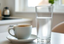 Levothyroxine and coffee: How long should you wait? A glass of water, tablet, and coffee cup illustrating levothyroxine and coffee timing