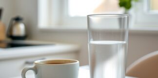 Levothyroxine and coffee: How long should you wait? A glass of water, tablet, and coffee cup illustrating levothyroxine and coffee timing