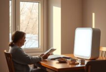 Light Therapy for Seasonal Affective Disorder: A Safer Start Person using a bright white sad light therapy box at a table in the morning