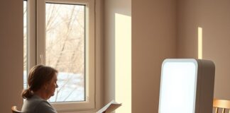 Light Therapy for Seasonal Affective Disorder: A Safer Start Person using a bright white sad light therapy box at a table in the morning