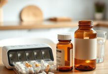 Long term PPI use: How to stop omeprazole safely long term ppi use: an unlabelled medicine bottle and pill organizer representing a planned omeprazole review