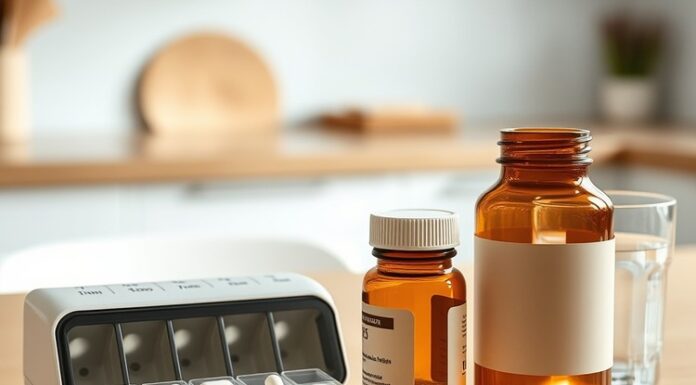 Long term PPI use: How to stop omeprazole safely long term ppi use: an unlabelled medicine bottle and pill organizer representing a planned omeprazole review
