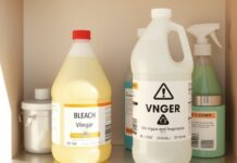 Mixed Bleach With Another Cleaner? What to Do Next can you mix bleach and vinegar: bleach and vinegar bottles stored separately on a household cleaning shelf