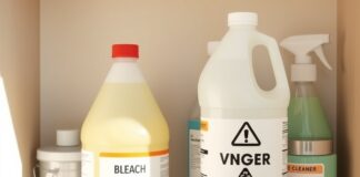 Mixed Bleach With Another Cleaner? What to Do Next can you mix bleach and vinegar: bleach and vinegar bottles stored separately on a household cleaning shelf