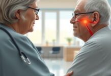 New Headache After 50? Spot Giant Cell Arteritis Warning Signs Illustration of a clinician assessing giant cell arteritis symptoms in an older adult, with the temple artery and eye subtly highlighted.