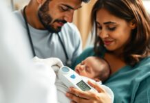 Newborn Jaundice: Why Your Baby’s Age in Hours Matters Clinician checks newborn bilirubin levels with a handheld skin meter while a parent holds the baby