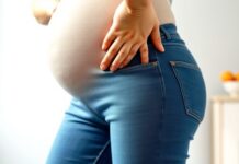 Pelvic Pain in Pregnancy: When to Seek Help Pregnant person indicating pelvic discomfort related to symphysis pubis dysfunction