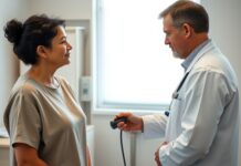 POTS: What a Stand Test Can—and Can’t—Tell You Clinician measuring heart rate and blood pressure during a stand test for POTS diagnosis