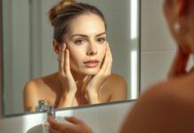 Retinol Irritation or Allergy? How to Tell What’s Normal Retinoid dermatitis: a person checking mild facial dryness beside simple skincare products