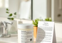 Retinol Pregnancy: Which Skincare Retinoids to Avoid retinol pregnancy guide with a skincare jar and ingredient list on a bathroom counter