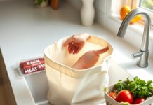 Reusable Grocery Bags: Keep Food Separate and Wash Safely How to clean reusable bags: hands washing a fabric grocery tote while raw meat and produce stay separate